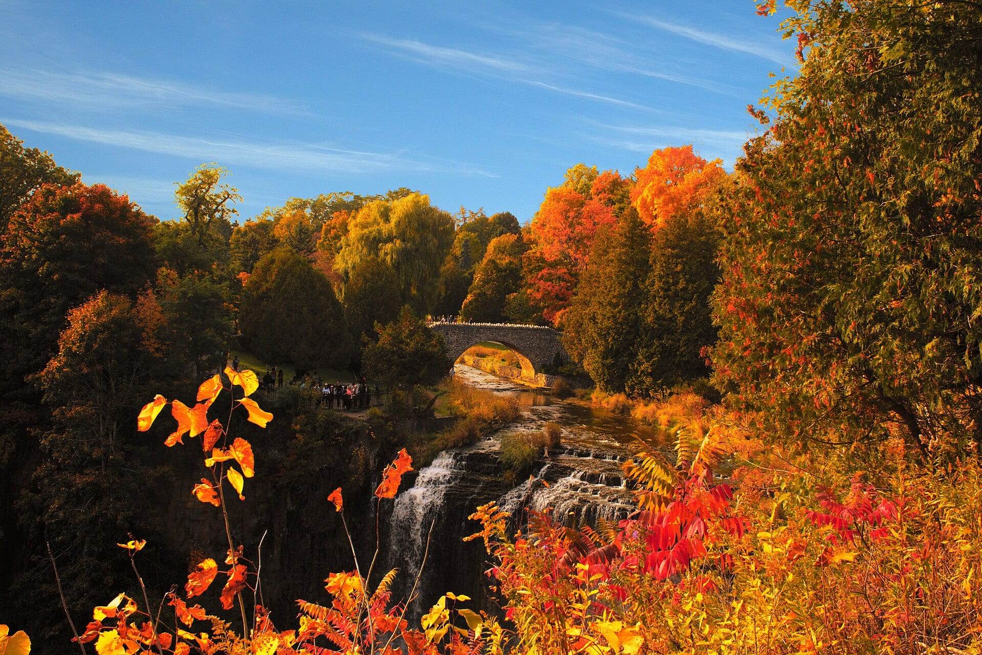 Webster's Falls in Hamilton framed by bright orange and red autumn leaves.