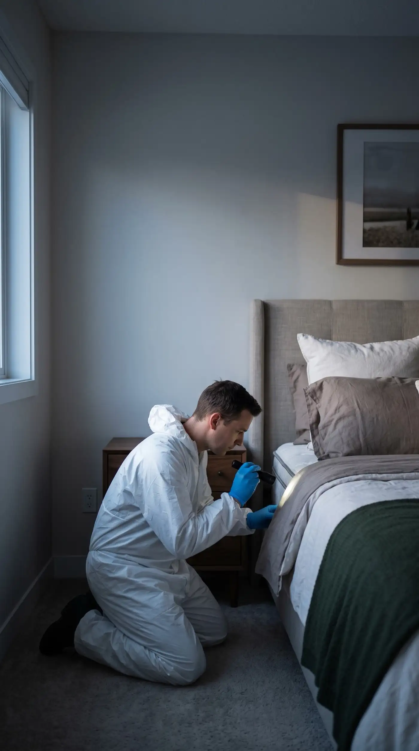 A pest control technician in a white coverall and blue gloves kneels beside a bed and checks the mattress seam with a flashlight.