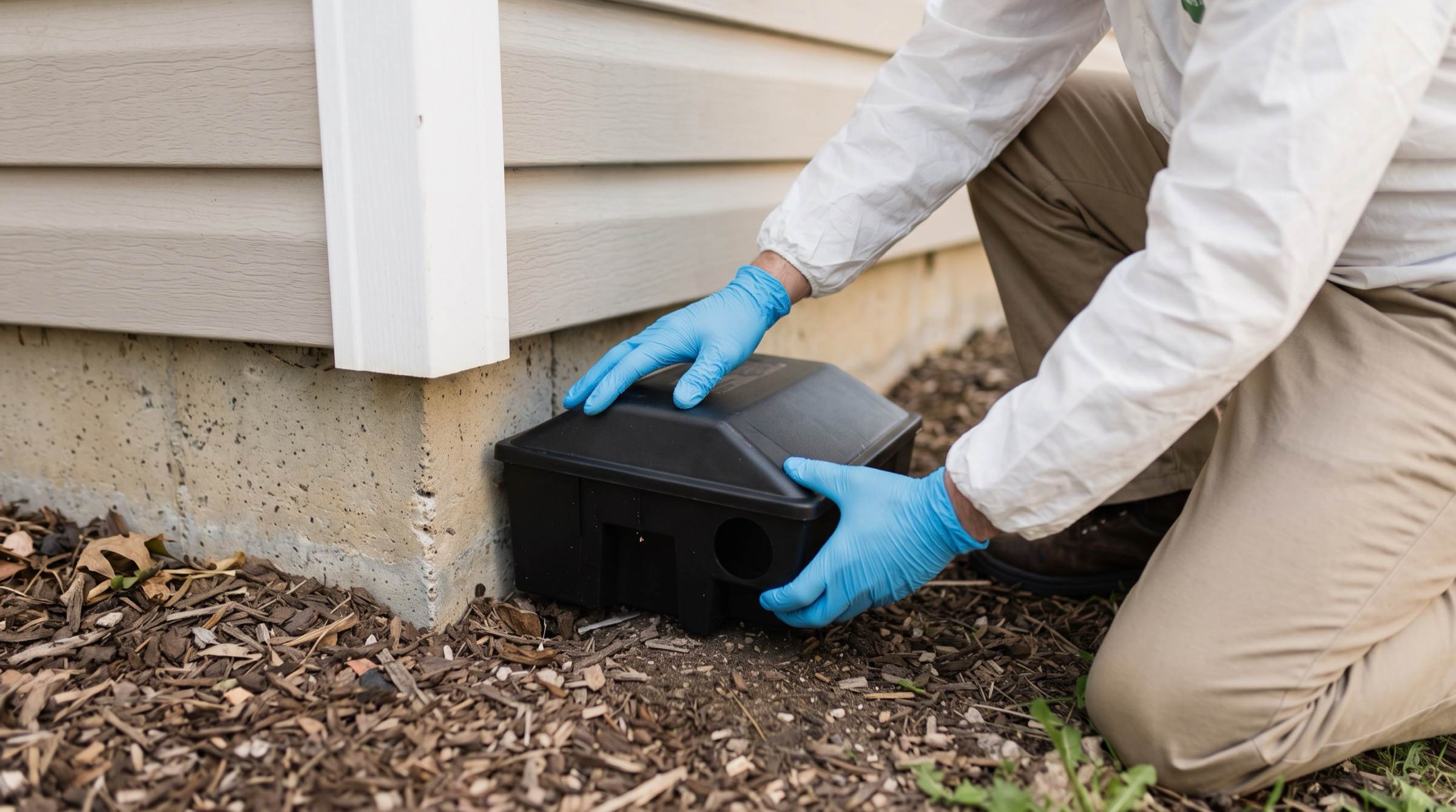 A gloved technician sets a black tamper-resistant bait station against the concrete foundation of a house.