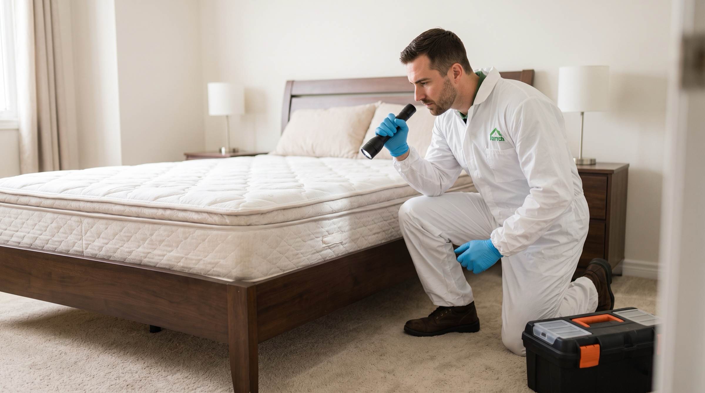 A technician in a white coverall and blue gloves kneels beside a bed and studies the mattress edge with a flashlight in a bedroom.