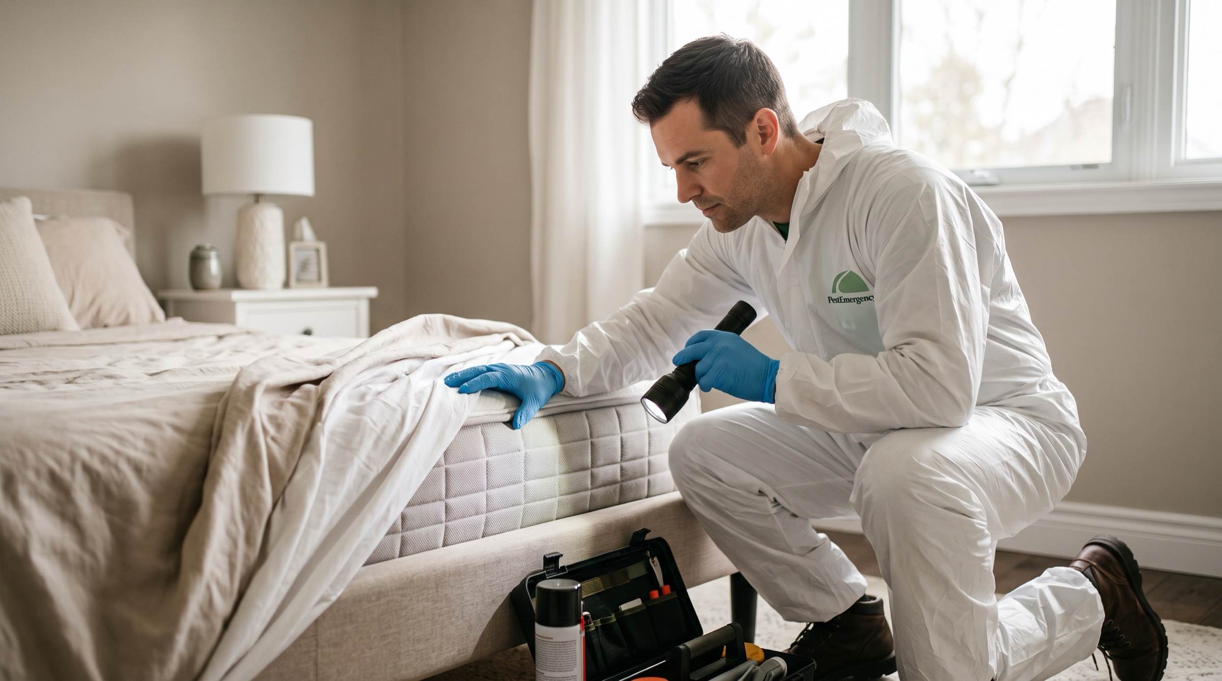 A technician in a white coverall and blue gloves kneels beside a bed, lifting the sheet and shining a flashlight along the mattress seam.